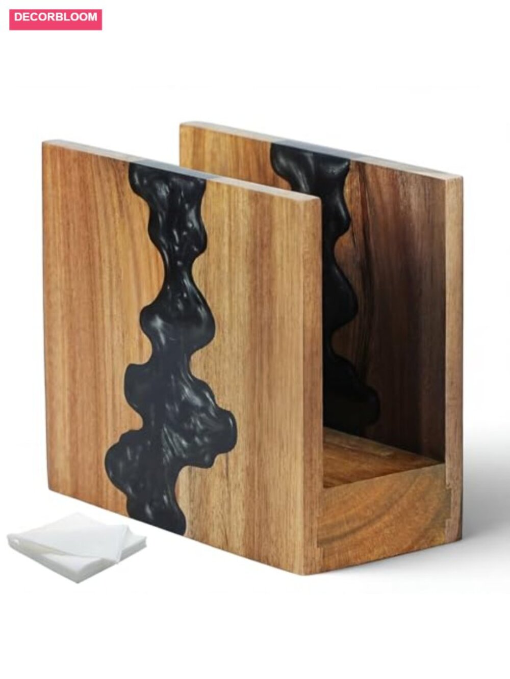 Acacia Wood Napkin Holder with Epoxy Resin Wave Design & Non-Slip Base